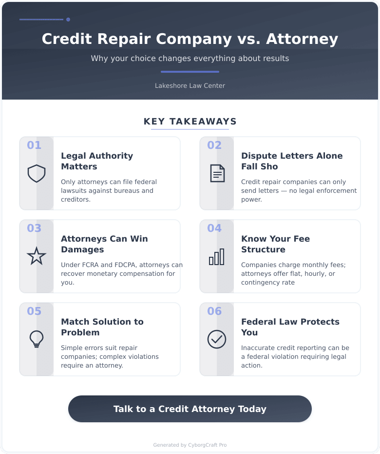 Infographic: The Difference Between a Credit Repair Company and a Credit Repair Attorney - And Why It Changes Everything About Your Results - Key concepts and takeaways