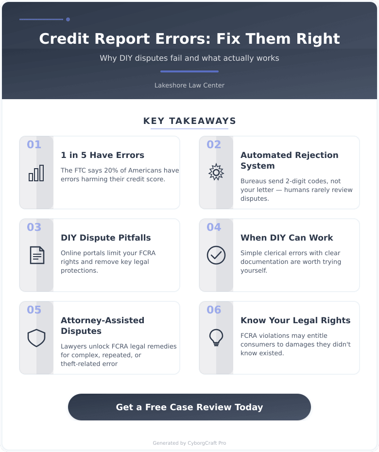 Infographic: Your Credit Report Has an Error - Here's Why Disputing It Yourself Almost Never Works and What Does - Key concepts and takeaways