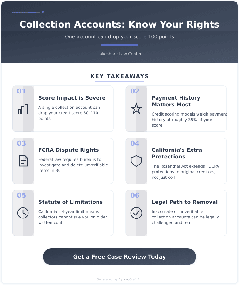 Infographic: How a Single Collection Account Can Drop Your Credit Score by 100 Points - And the Legal Path to Getting It Removed - Key concepts and takeaways