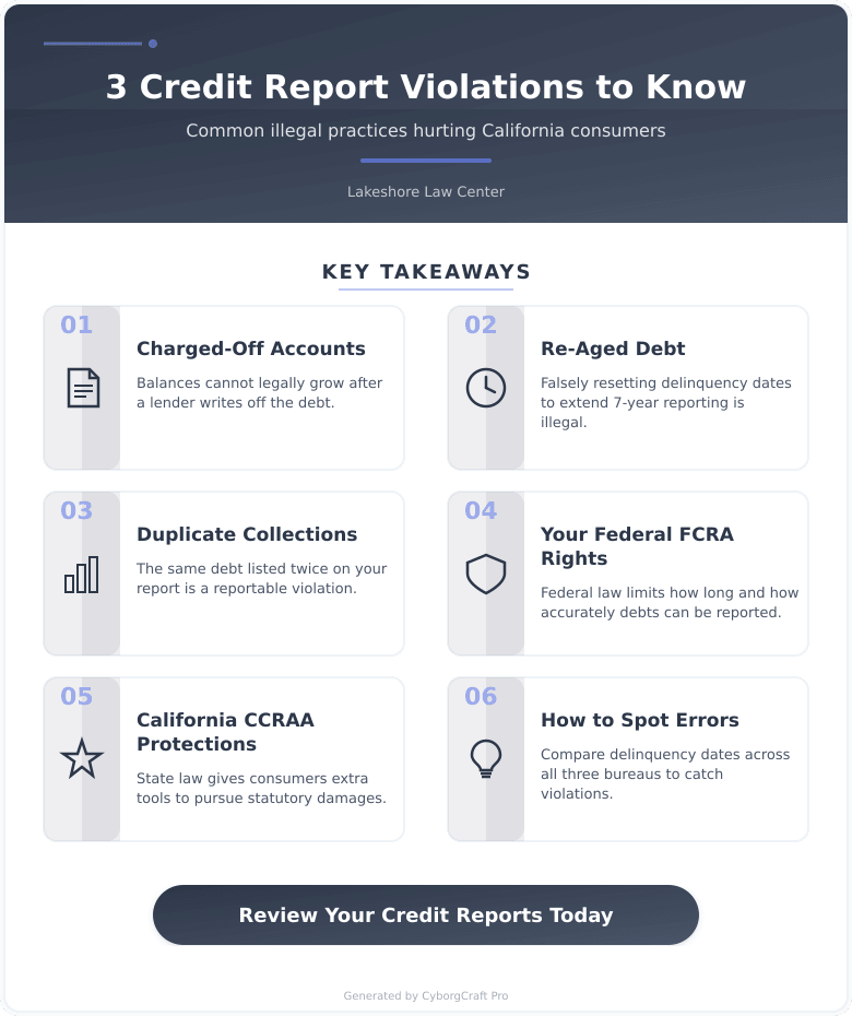 Infographic: Charged-Off Accounts, Re-Aged Debt, and Duplicate Collections - The Three Credit Report Violations That Are More Common Than You Think - Key concepts and takeaways