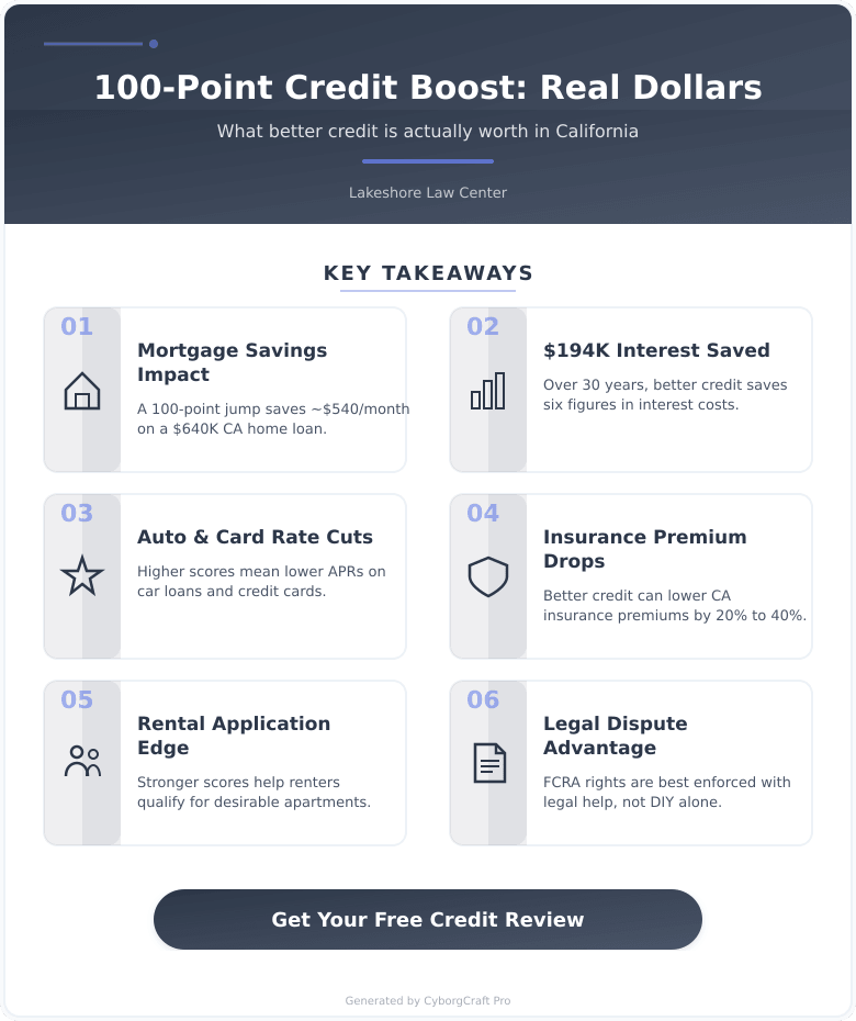 Infographic: What a 100-Point Credit Score Increase Is Actually Worth in California - The Real Dollar Value of Fixing Your Credit - Key concepts and takeaways